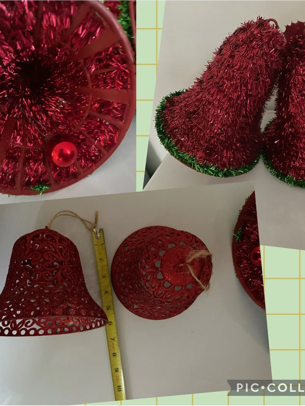Lot off Wall Hanging Red Glitter Bells 1 Green Bow Poinsettia + 2 Red Glitter